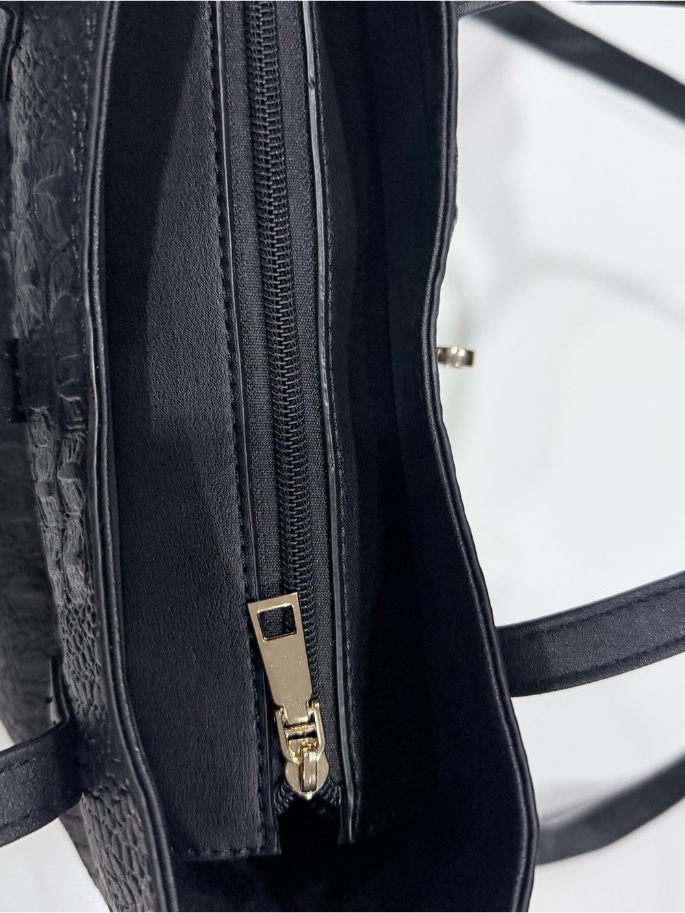 Structured Croc-Embossed Faux Leather Black Tote Bag with Gold Hardware - Picture 4 of 13